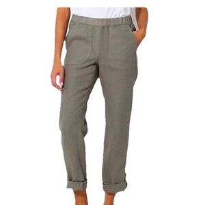 Pure Jill Garment Dyed Linen Olive Pants Size Medium Button Cuff Summer Casual